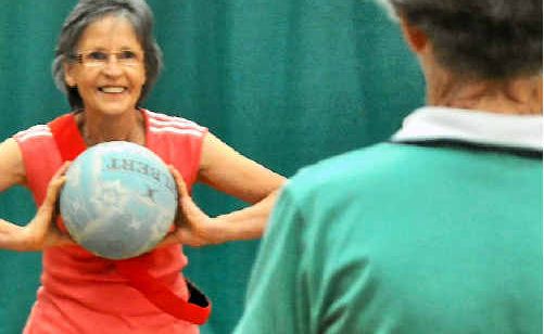 Bronwyn Show and Bev McCarthy working on their ball skills at a WIRAC senior fitness class.  
